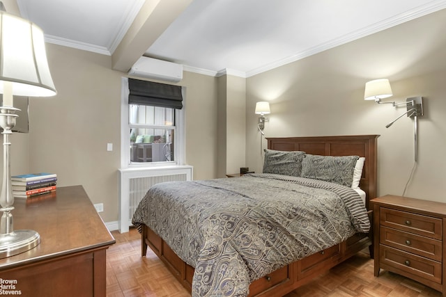 bedroom with a wall mounted air conditioner, radiator, and ornamental molding