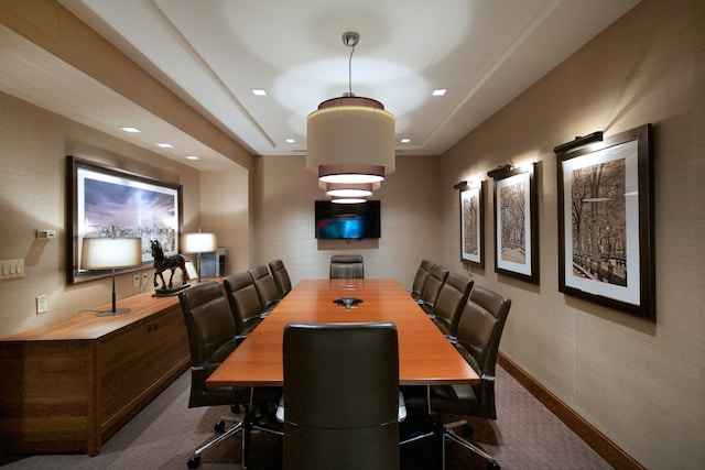 carpeted dining space featuring baseboards and recessed lighting