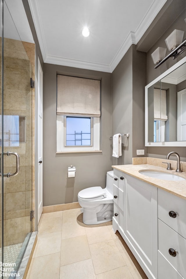 180 Riverside Dr Unit 3E, New York City, NY 10024 - bathroom with vanity, ornamental molding, a shower stall, and tile patterned floors
