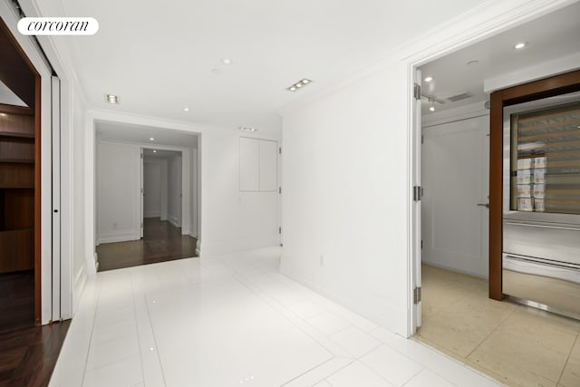corridor with crown molding, tile patterned flooring, recessed lighting, and visible vents