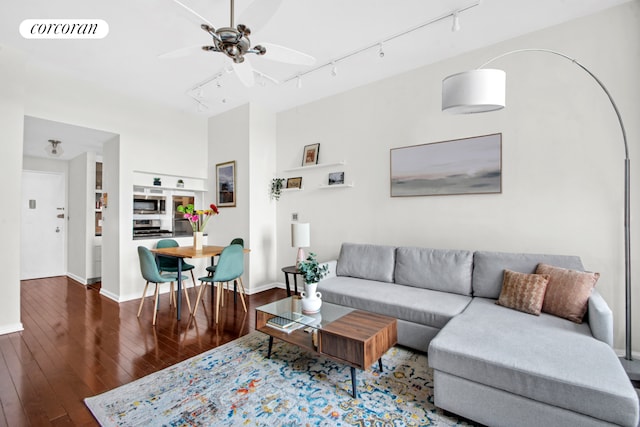 96 Schermerhorn St Phc, Phc, New York City, NY 11201 - living room with rail lighting, wood-type flooring, a ceiling fan, and baseboards