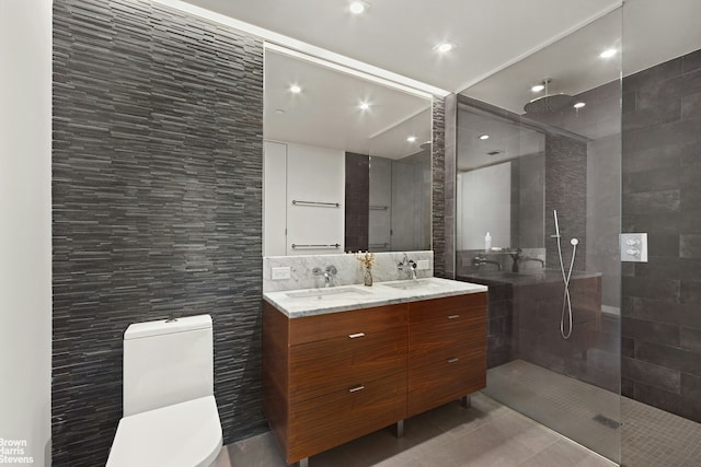 205 Water St Unit 6K, New York City, NY 11201 - bathroom with double vanity, walk in shower, tile patterned floors, and recessed lighting
