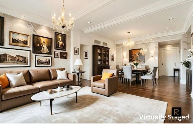 212 E 48th St Unit 5-C, New York City, NY 10017 - living area with a chandelier, wood finished floors, ornamental molding, and recessed lighting
