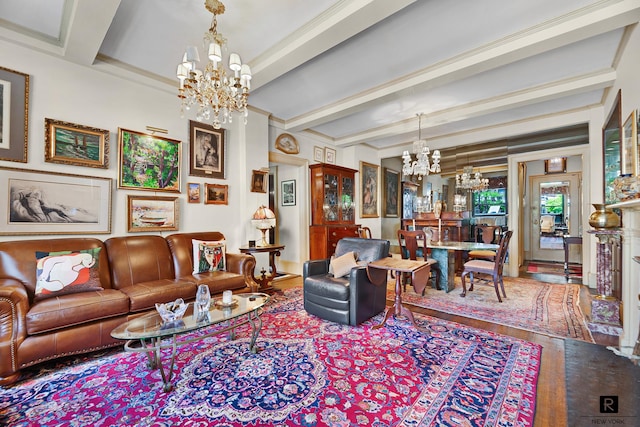 living area featuring beamed ceiling, wood finished floors, and a chandelier
