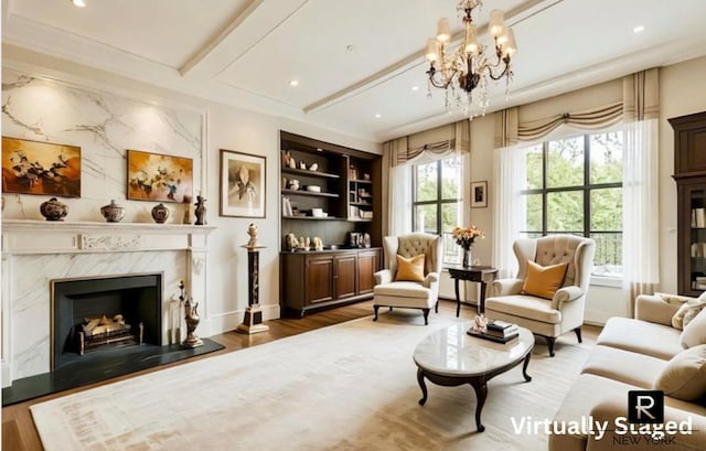 212 E 48th St Unit 5-C, New York City, NY 10017 - living area with wood finished floors, a premium fireplace, a chandelier, recessed lighting, and baseboards