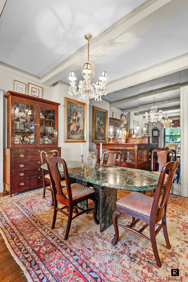 dining area featuring an inviting chandelier, beam ceiling, and wood finished floors