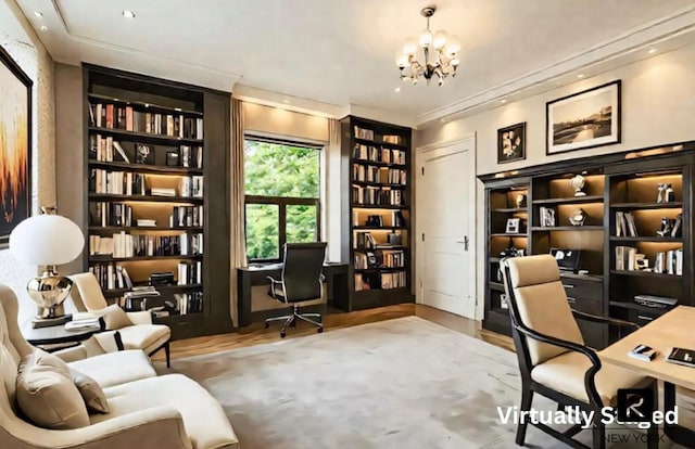 212 E 48th St Unit 5-C, New York City, NY 10017 - office featuring a chandelier, wood finished floors, and built in shelves
