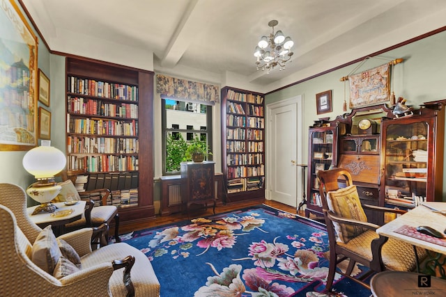 home office featuring an inviting chandelier and wood finished floors