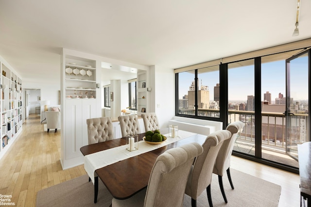 dining area with light wood-style floors and a city view