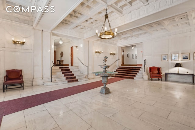 380 Riverside Dr Unit 7B, New York City, NY 10025 - lobby with a decorative wall, stairs, coffered ceiling, beam ceiling, and ornamental molding
