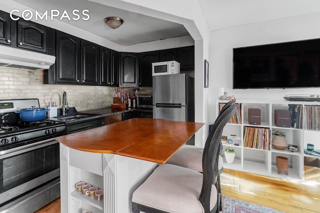 103A Patchen Ave, New York City, NY 11221 - kitchen featuring appliances with stainless steel finishes, a sink, ventilation hood, dark cabinetry, and tasteful backsplash