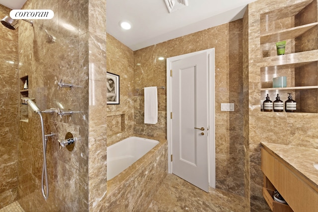 bathroom featuring tiled shower, vanity, a bathtub, and marble finish flooring