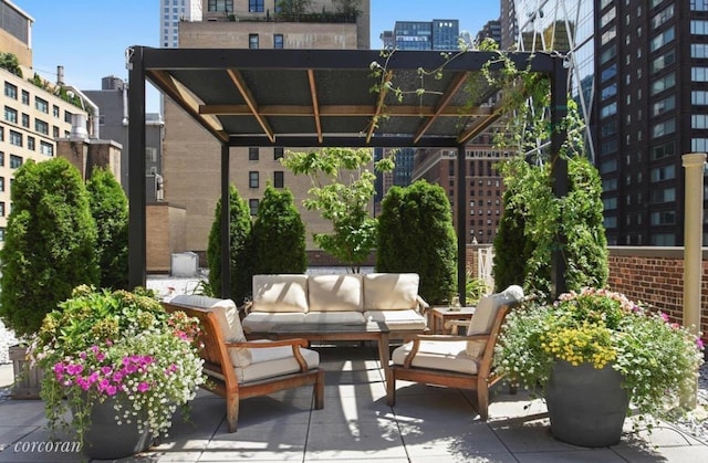 view of patio featuring a city view and an outdoor hangout area