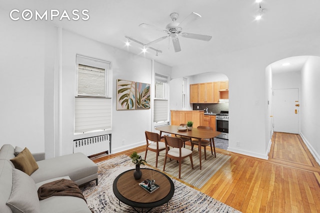 231 Park Pl Unit 12, New York City, NY 11238 - living room with radiator, arched walkways, light wood-style flooring, a ceiling fan, and baseboards