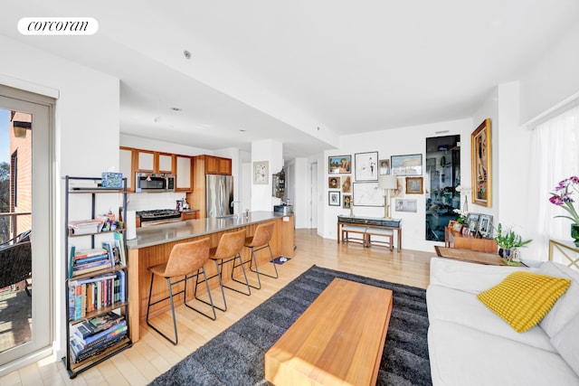 living area featuring light wood-style flooring and visible vents