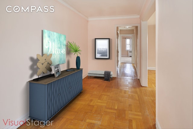 corridor featuring crown molding and baseboards
