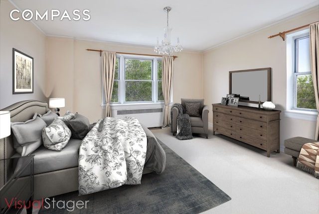 bedroom featuring carpet flooring, radiator heating unit, a notable chandelier, and multiple windows