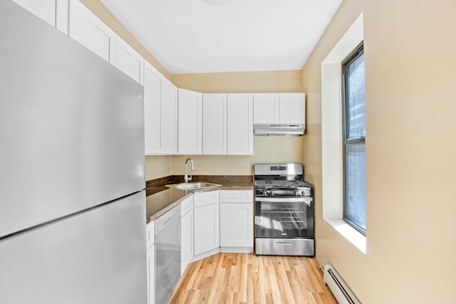 kitchen featuring a sink, stainless steel appliances, white cabinetry, and under cabinet range hood