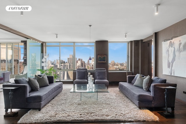 living area featuring dark wood finished floors, plenty of natural light, a city view, and visible vents