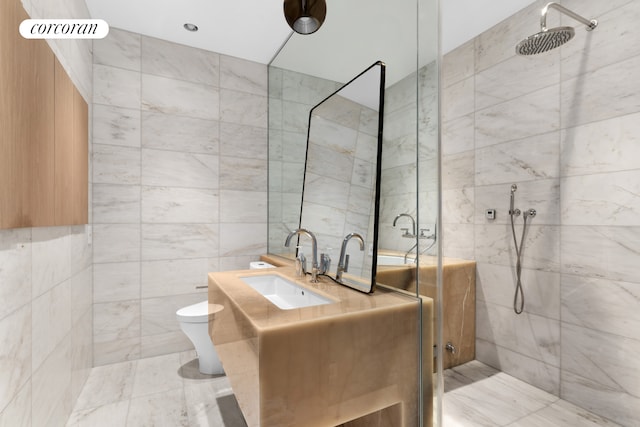690 Humboldt St, New York City, NY 11222 - full bathroom with tile walls, vanity, a tile shower, and toilet