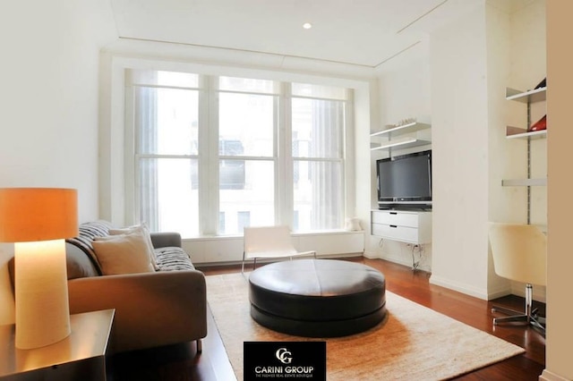 55 Wall St Unit 632, New York City, NY 10005 - living room featuring dark wood-style floors and baseboards