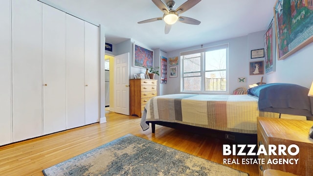 bedroom featuring ceiling fan and wood finished floors