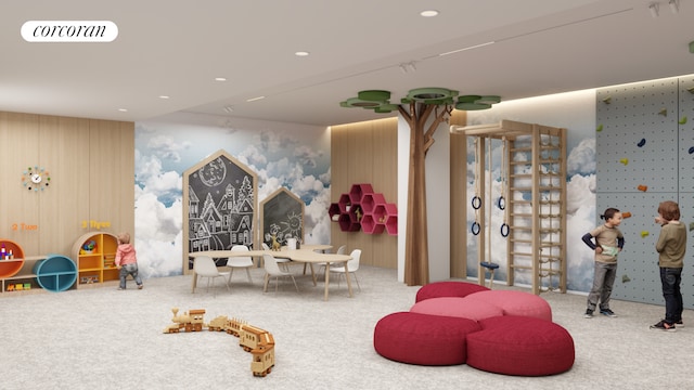 game room featuring carpet, recessed lighting, and visible vents
