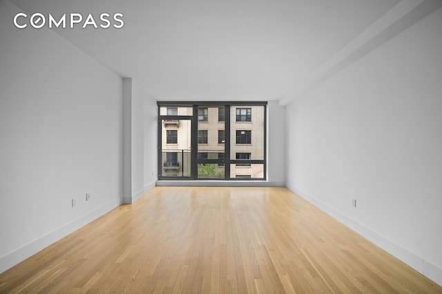 spare room featuring expansive windows, baseboards, and wood finished floors