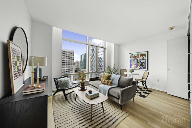 18 W 48th St Phd, Phd, New York City, NY 10036 - living room with expansive windows, a view of city, light wood-style flooring, and baseboards