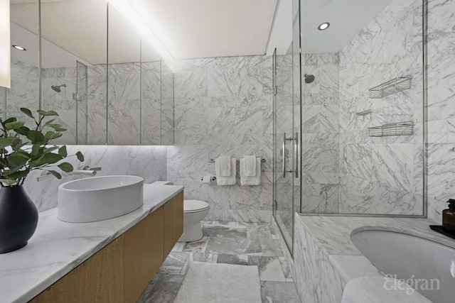 18 W 48th St Phd, Phd, New York City, NY 10036 - full bath featuring a garden tub, marble finish floor, a marble finish shower, and tile walls