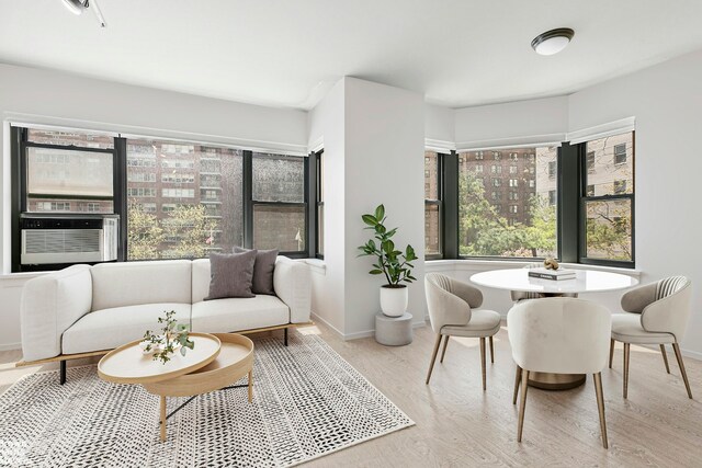 430 E 56th St Unit 4G, New York City, NY 10022 - living area with wood finished floors, cooling unit, and baseboards
