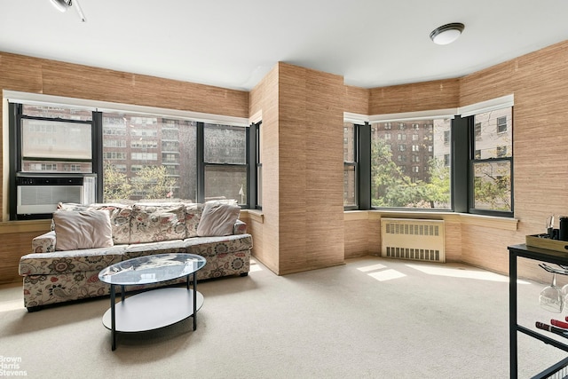 430 E 56th St Unit 4G, New York City, NY 10022 - living room featuring radiator, carpet floors, and cooling unit