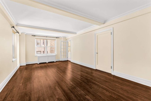 unfurnished room with baseboards, beamed ceiling, ornamental molding, and wood finished floors
