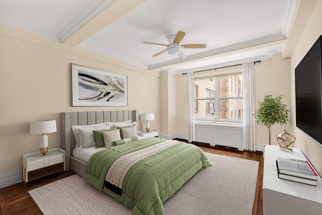 bedroom featuring crown molding, beamed ceiling, and wood finished floors