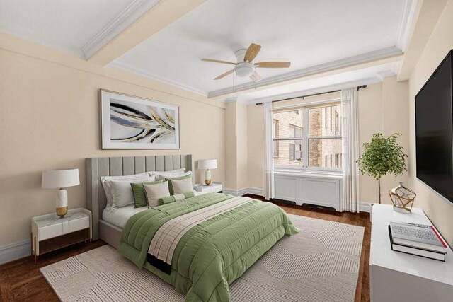 433 E 51st St Unit 3G, New York City, NY 10022 - bedroom featuring crown molding, beamed ceiling, and wood finished floors