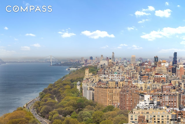 drone / aerial view featuring a view of city and a water view