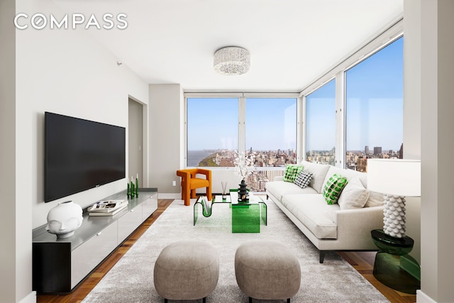 living area with a view of city, baseboards, and dark wood finished floors