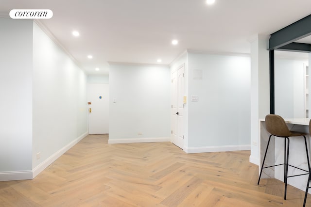 interior space featuring crown molding, baseboards, recessed lighting, and visible vents