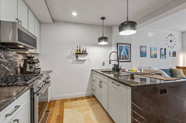 554 4th Ave Unit 3D, New York City, NY 11215 - kitchen with a sink, appliances with stainless steel finishes, a peninsula, light wood-style flooring, and tasteful backsplash