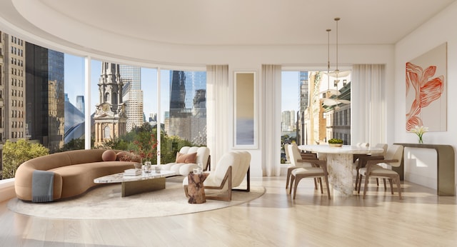 interior space featuring a city view and wood finished floors