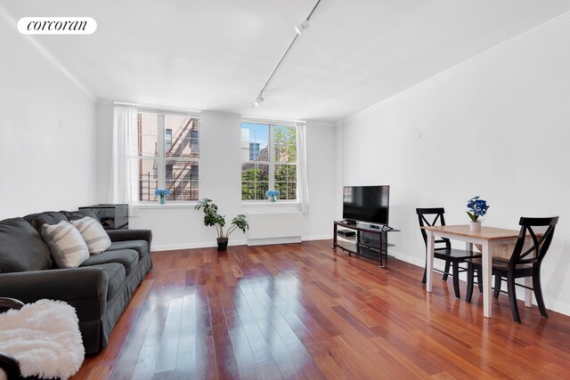 313 W 119th St Unit 4F, New York City, NY 10026 - living area featuring track lighting, wood finished floors, and ornamental molding