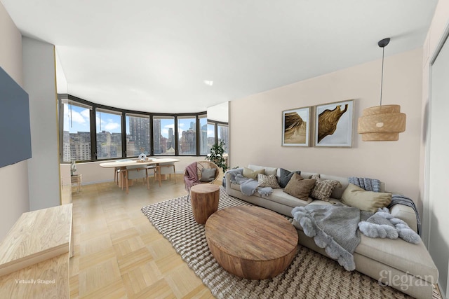 living room featuring a city view