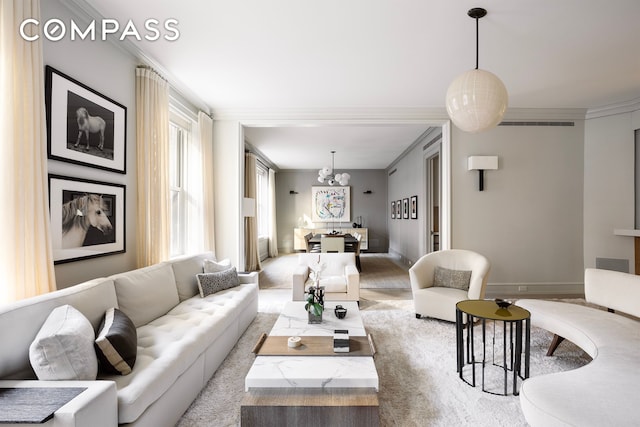 565 Park Ave Unit 2, New York City, NY 10065 - living area featuring ornamental molding, a chandelier, and baseboards