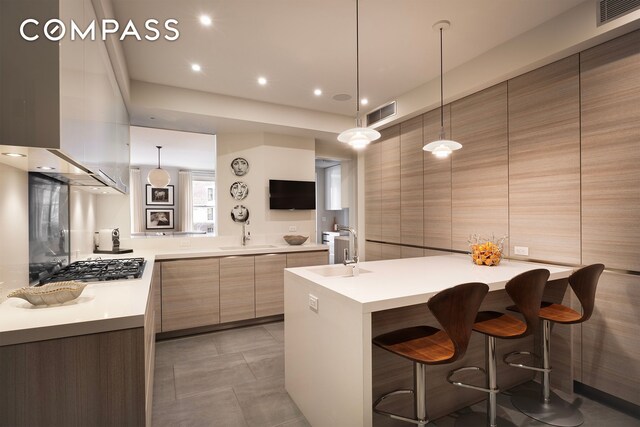 565 Park Ave Unit 2, New York City, NY 10065 - kitchen with modern cabinets, light countertops, a sink, a kitchen breakfast bar, and stainless steel gas stovetop