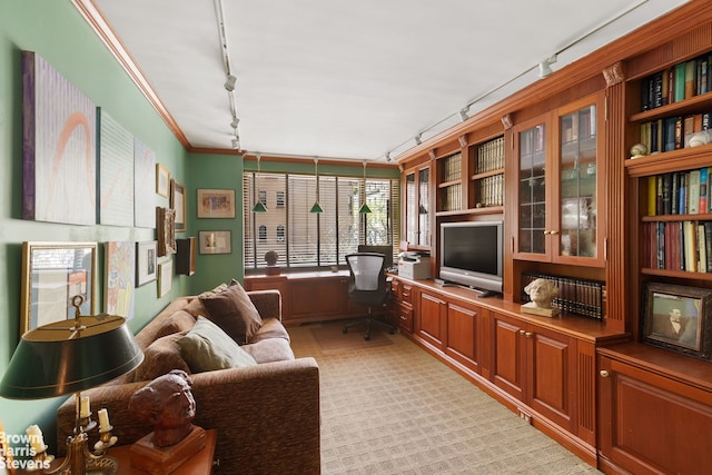 40 E 80th St Unit 3A, New York City, NY 10021 - office with rail lighting, built in study area, light carpet, and crown molding