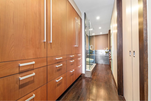 hallway with recessed lighting and dark wood-type flooring