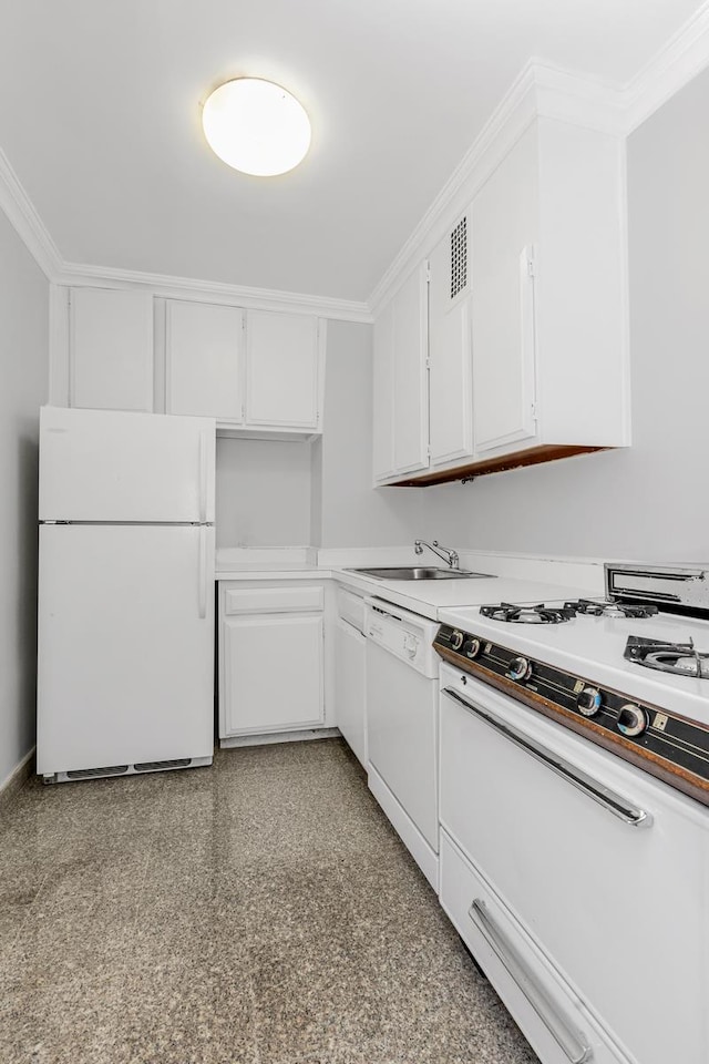 305 E 24th St Unit 3-T, New York City, NY 10010 - kitchen featuring white appliances, white cabinetry, ornamental molding, light countertops, and a sink