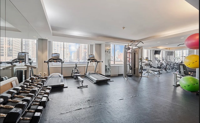workout area with a tray ceiling