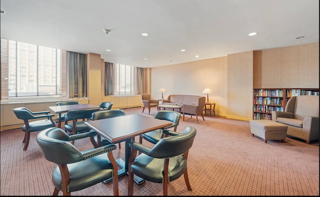 dining area featuring carpet flooring, recessed lighting, wallpapered walls, and baseboards