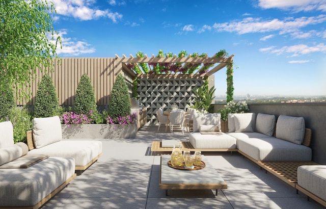 view of patio with a pergola and outdoor lounge area